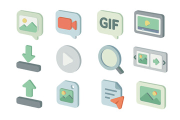 Digital media icons set: gif, video, search, download, upload, image, file