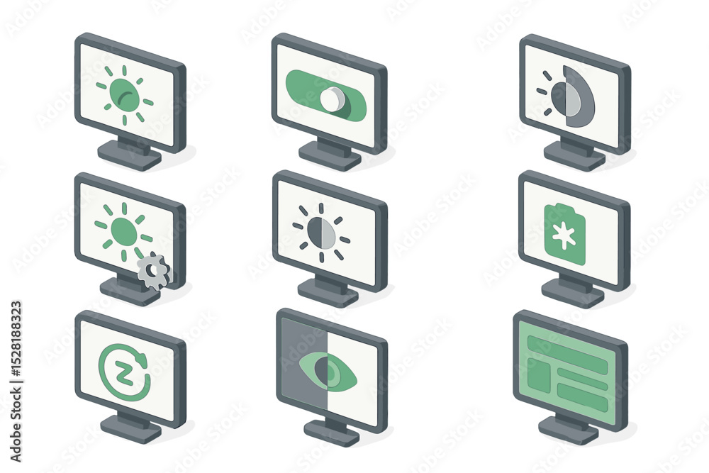 Poster set of nine monitors with user interface icons for screen and display settings