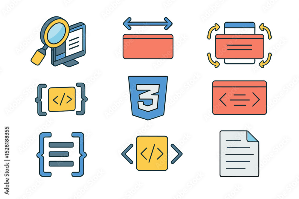 Poster colorful web development icons featuring code, magnifying glass, and css