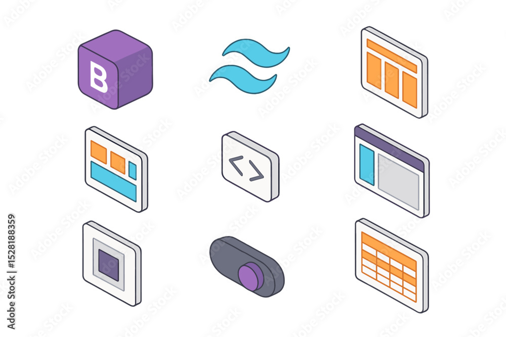 Poster web development icons: bootstrap, tailwind, ui elements, coding, interfaces