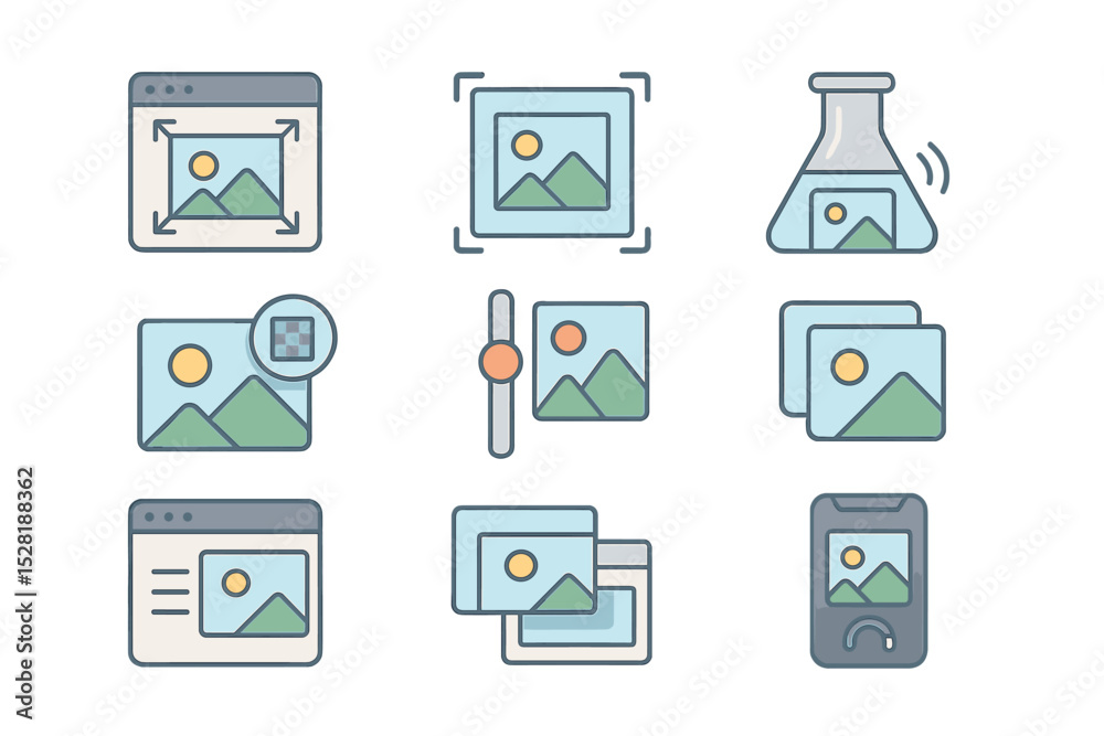 Poster digital image editing icons set with camera and software elements