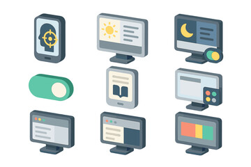 Minimalist 3d icons for day-night, display, and interface settings themes