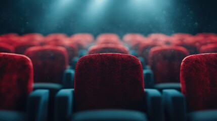 An image capturing vibrant red theater seats under dramatic lighting, representing anticipation and the thrilling experience of live performances and shared moments in art.