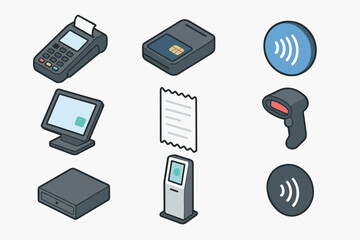 Payment and retail technology icons for transactions and commerce