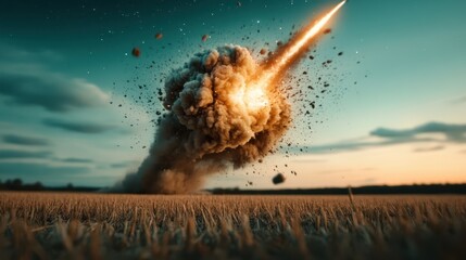 A powerful explosion in an open field creates a dramatic scene of action and destruction, embodying themes of chaos and intensity in a visually compelling manner.