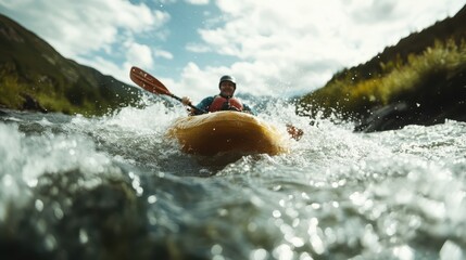 A determined kayaker expertly maneuvers through turbulent river rapids, embodying the spirit of adventure and the thrill of outdoor exploration amid stunning natural surroundings.