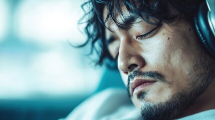 A man is immersed in music, resting with headphones on, capturing a moment of relaxation and tranquility that showcases the power of music for emotional connection and peace.