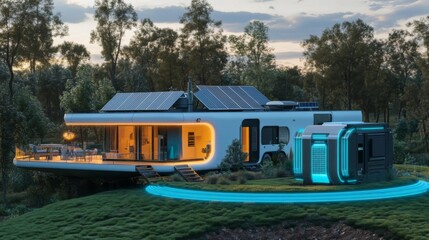 A cutting edge offgrid home showcases solar panels, sleek architecture, and advanced infrastructure in a lush ecofriendly environment, exemplifying renewable energy and sustainability.