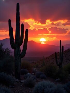 Cactus in Desert Landscape with Dramatic Sunset and Colorful Sky