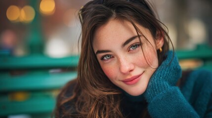 Obraz premium A woman with long brown hair and blue sweater is smiling. She is wearing sunglasses and a black hat
