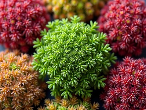 Sedum varieties on a vibrant background, photorealistic top view Sedum varieties plant