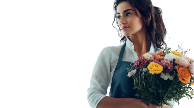 Florist in apron with flower pins, looking to the side, white background, waist-up, cinematic lighting, PNG