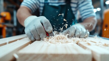 This image showcases a skilled craftsman's hands actively shaping wood in a workshop, capturing the artistry and craftsmanship inherent in woodworking and creative skills.