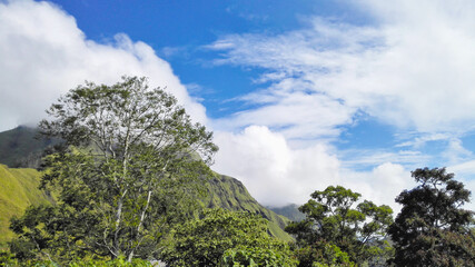 Obraz premium clouds over the mountains. Lush green hilltop with clustered trees under a vivid blue sky and patterned clouds. Scenic tropical highland landscape, perfect for nature, travel, or environmental themes.