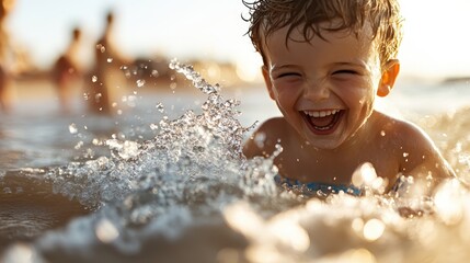 A cheerful child laughs and splashes in the ocean, capturing the pure joy of childhood in the sunlit beach ambiance, illustrating innocence and carefree moments of life.