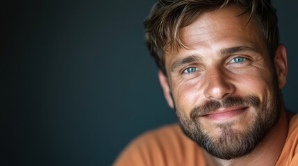 Fototapeta premium A charismatic man with a warm smile and bright blue eyes radiates positivity in a softly lit indoor setting, exemplifying warmth, joy, and approachability.