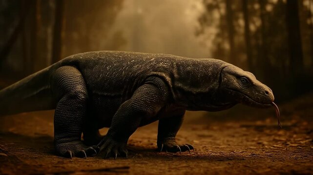 Varanus komodoensis Komodo dragon in golden forest lighting with tongue extended. Massive prehistoric monitor lizard showcasing powerful build and distinctive features in natural habitat.