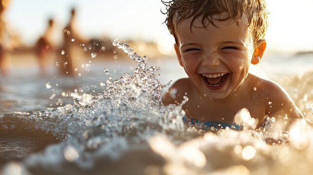 A cheerful child laughs and splashes in the ocean, capturing the pure joy of childhood in the sunlit beach ambiance, illustrating innocence and carefree moments of life.