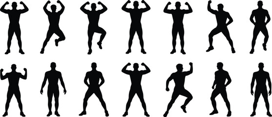 Silhouettes of Muscular Men Flexing in Various Bodybuilding Poses, Fitness Strength Icons, Vector Illustration for Gym, Workout, Health Concepts