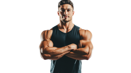 Fitness trainer in branded tank top, toned arms, waist-up on white studio backdrop, PNG
