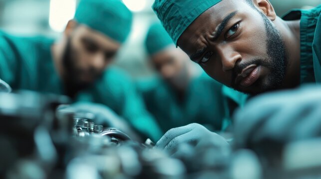 A focused view of a technician repairing an engine, emphasizing dedication and concentration in automotive work, captured in a professional workshop environment. - Powered by Adobe