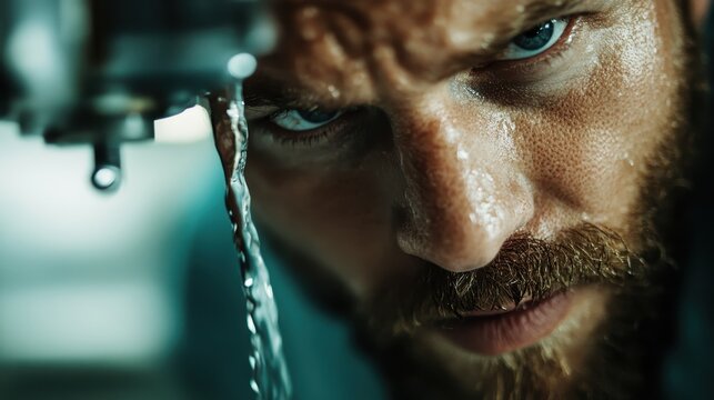 A close-up of a determined mechanic's face, showcasing sweat and focus as water drips from a nearby equipment, capturing the essence of hard work and dedication.