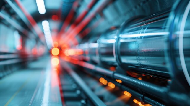 A visually striking view of a futuristic industrial tunnel filled with glowing pipes and lights, creating a sense of adventure and exploration in a high-tech environment.