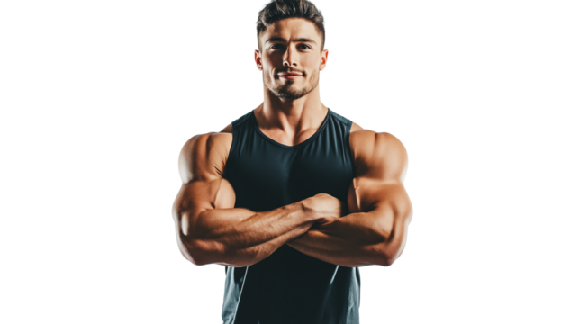 Fitness trainer in branded tank top, toned arms, waist-up on white studio backdrop, PNG