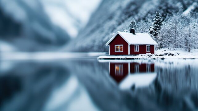 A picturesque red house nestled by a serene, frozen lake, surrounded by snow-covered trees, creates a tranquil winter landscape reflecting beauty and serenity in nature.