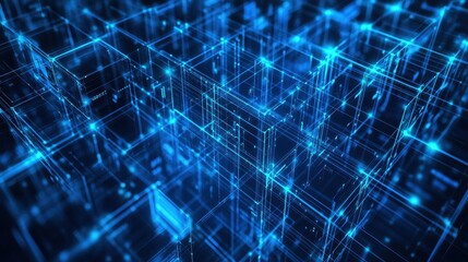 Abstract Three-Dimensional Computing Concept Design with Distributed Blocks in Blue Color