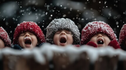 A group of joyful children in warm hats laughing heartily as they enjoy a snowy winter day, creating a vibrant and cheerful atmosphere of friendship and happiness.