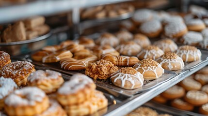 A vibrant display of assorted baked goods like donuts and pastries in a bakery case, showcasing various textures, colors, and toppings that entice and delight customers.
