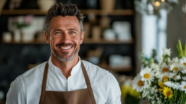 A cheerful male chef stands confidently in his café, wearing an apron, with a vibrant floral arrangement in the background, evoking feelings of warmth and hospitality.