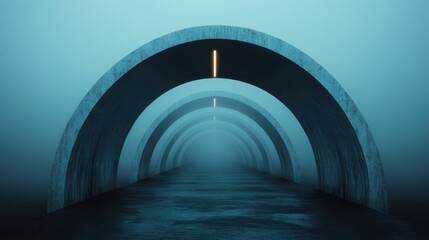 A captivating misty tunnel with arches and glowing light strips creates a mysterious and surreal atmosphere, drawing viewers into an uncertain yet intriguing journey ahead.