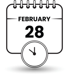 Simple black and white February 28th calendar icon with clock. Clean and modern line art icon for February 28th
