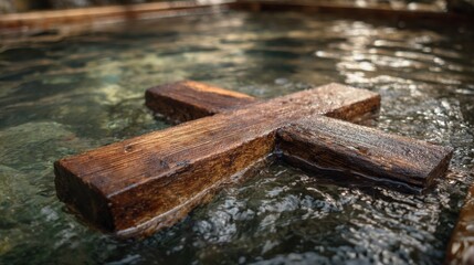 Closeup of a wooden cross immersed in the baptismal waters, a powerful reminder of the sacrifice of Jesus and the promise of new life through baptism.