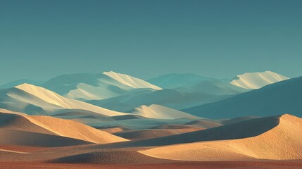 Vast Desert Landscape with Sunlit Mountains and Sandy Hills