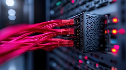 An intricate view of a high-tech server rack showcases vibrant cables connected to hardware, representing the complexities and advancements in modern technology and connectivity.