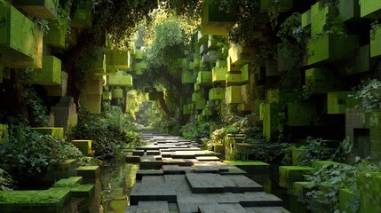 Sunlit Path Through a Lush Pixelated Forest