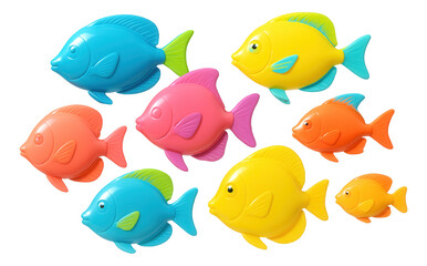Naklejka premium A colorful assortment of plastic toy fish in blue, yellow, pink, and orange, designed for children's play, on transparent background.