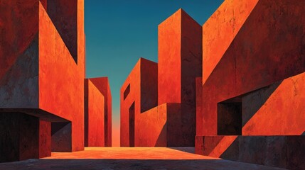 Abstract Orange Cityscape at Sunset Geometric Buildings and Warm Shadows