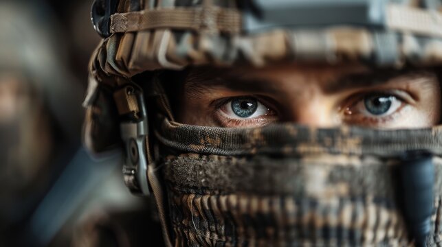 An intense close-up of a soldier's eyes, partially obscured by tactical gear, reflects determination and focus, portraying the essence of resilience in challenging situations.