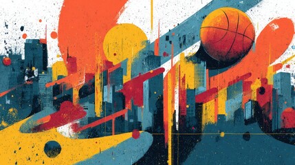 Abstract Urban Cityscape Painting with Vibrant Orange Yellow Red and Blue Splashes