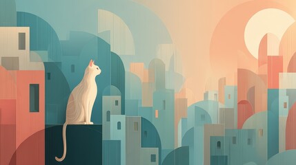 Pastel Cat Silhouette in a Dreamlike Cityscape at Sunrise