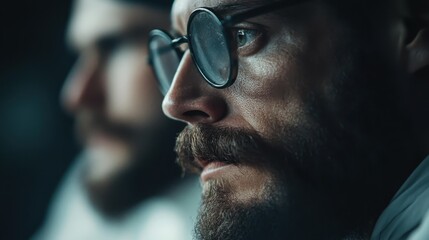 Two men with intense expressions and glasses demonstrate deep concentration, embodying competitive spirit and dedication in the dynamic world of strategic gaming and competition.