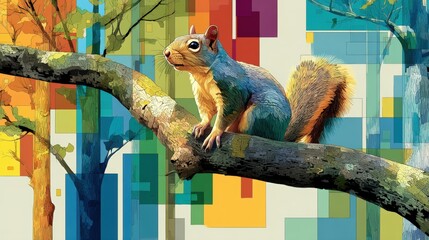 Colorful Squirrel on Tree Branch Pixel Art Illustration