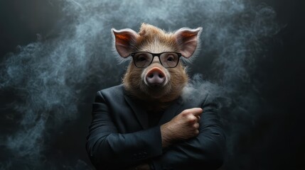 A whimsical and humorous image of a pig in a suit and glasses, creating a surreal scene that mixes charm and absurdity, perfect for evoking smiles and playful interpretations.