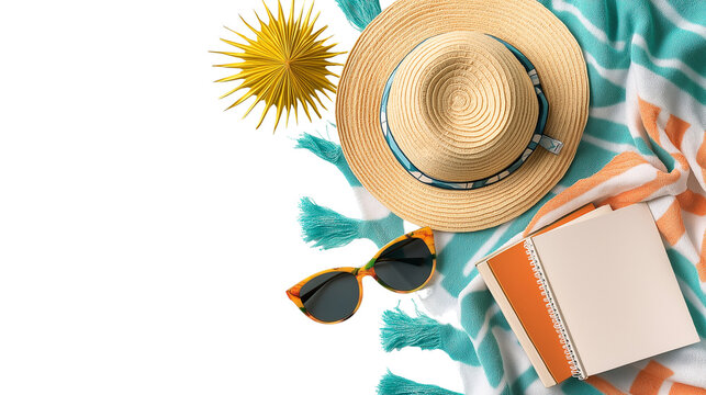 Top view of colorful beach towel with sun hat, book, and sunglasses, arranged neatly on white, PNG