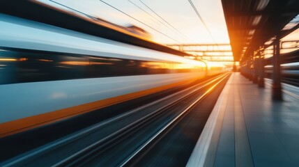 Obraz premium A high-speed train blurs past the station during sunset, illustrating the beauty of movement, technology in transportation, and the fleeting nature of time.