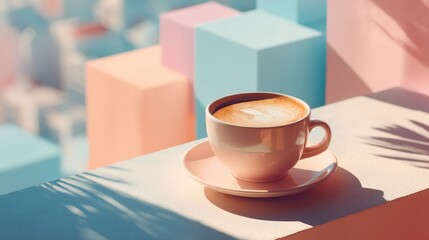Pastel Pink Coffee Cup with Latte Art in Sunny Setting